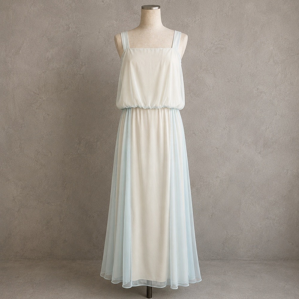 Vintage 70s Chiffon Midi Dress L* Cream Blue Prairie Blouson Ethereal Fairy